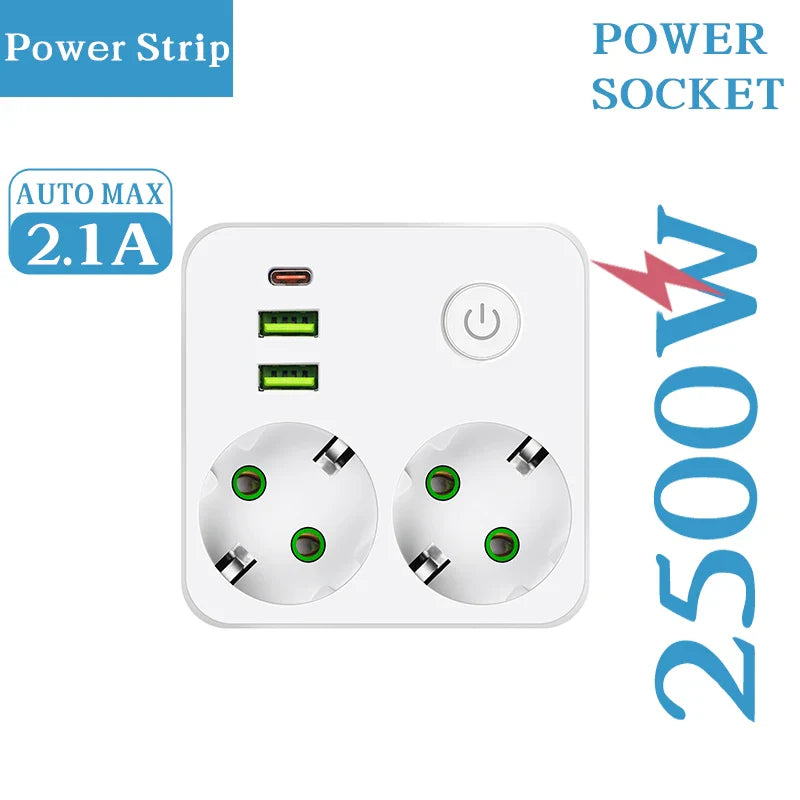 Regleta con interruptor de encendido/apagado - 2 tomas/ 2 puertos USB/ 1 puerto USB Tipo-C