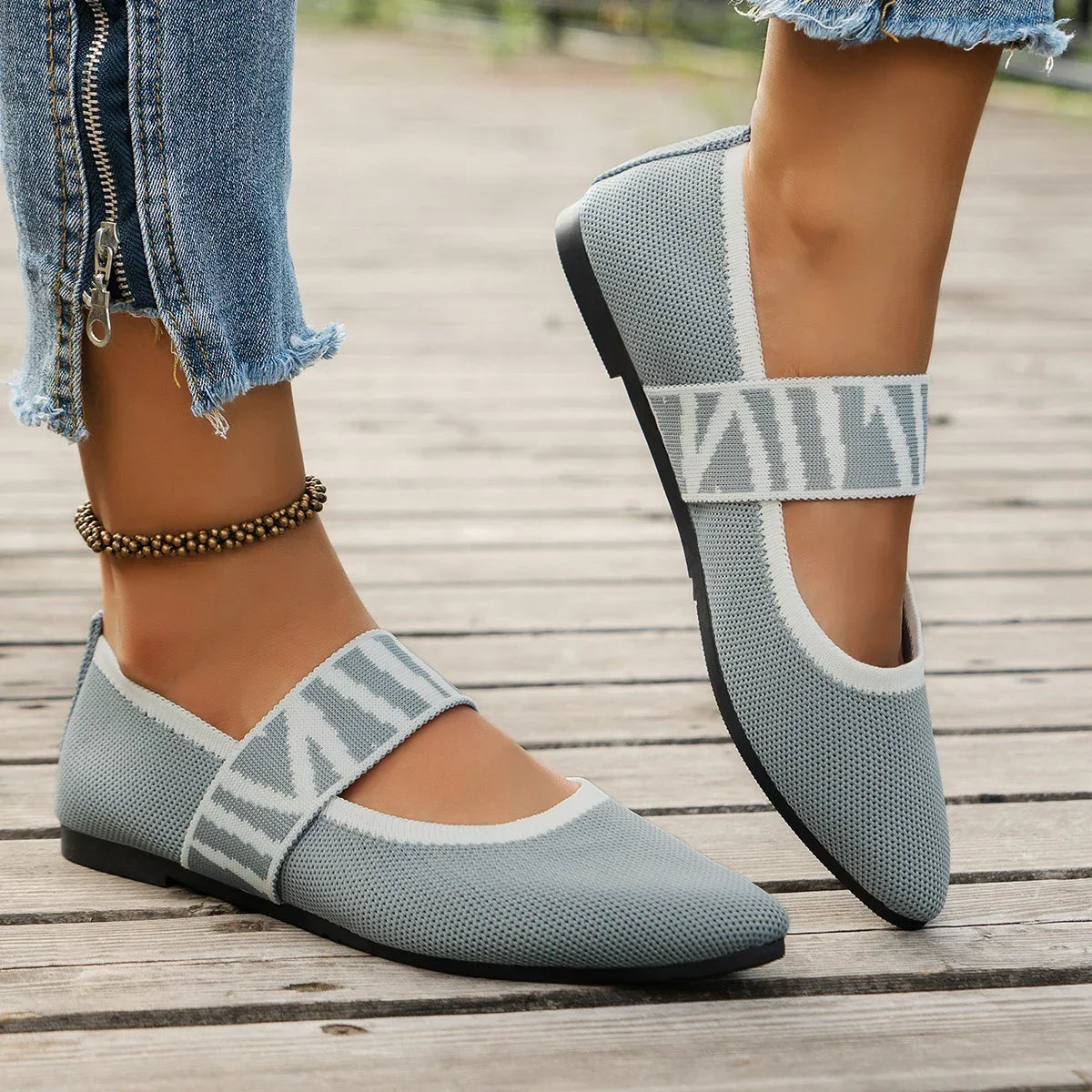 Ballerines Femme en Maille Tricotée – Bout Pointu, Bride Élastique à Motif – Chaussures Plates Élégantes & Confortables
