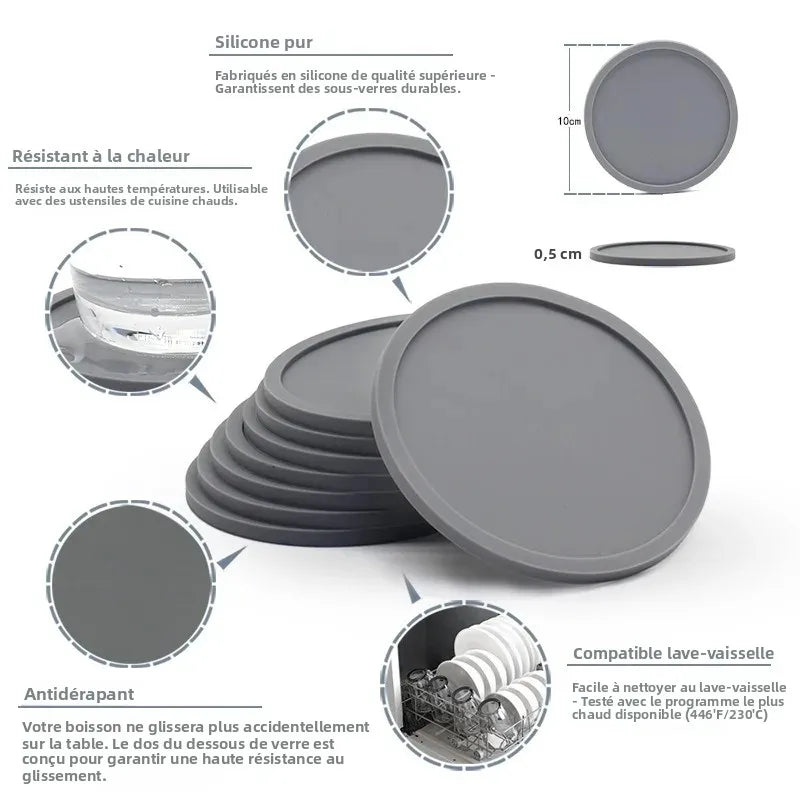 Lot de 6 Sous-Verres en Silicone 10 cm – Antidérapants & Réutilisables – Pour Verres, Tasses & Desserts