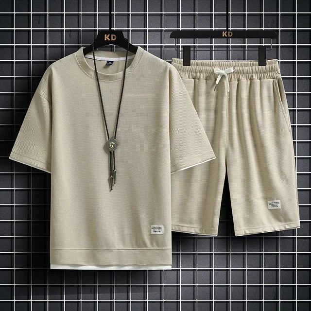 Men's Casual Waffle Knit T-Shirt and Shorts Set