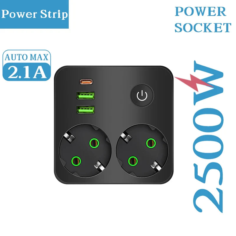 Regleta con interruptor de encendido/apagado - 2 tomas/ 2 puertos USB/ 1 puerto USB Tipo-C