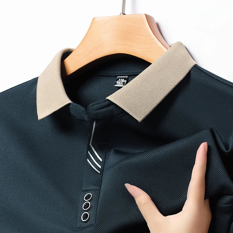 Polo de manga larga con cuello beige para hombre