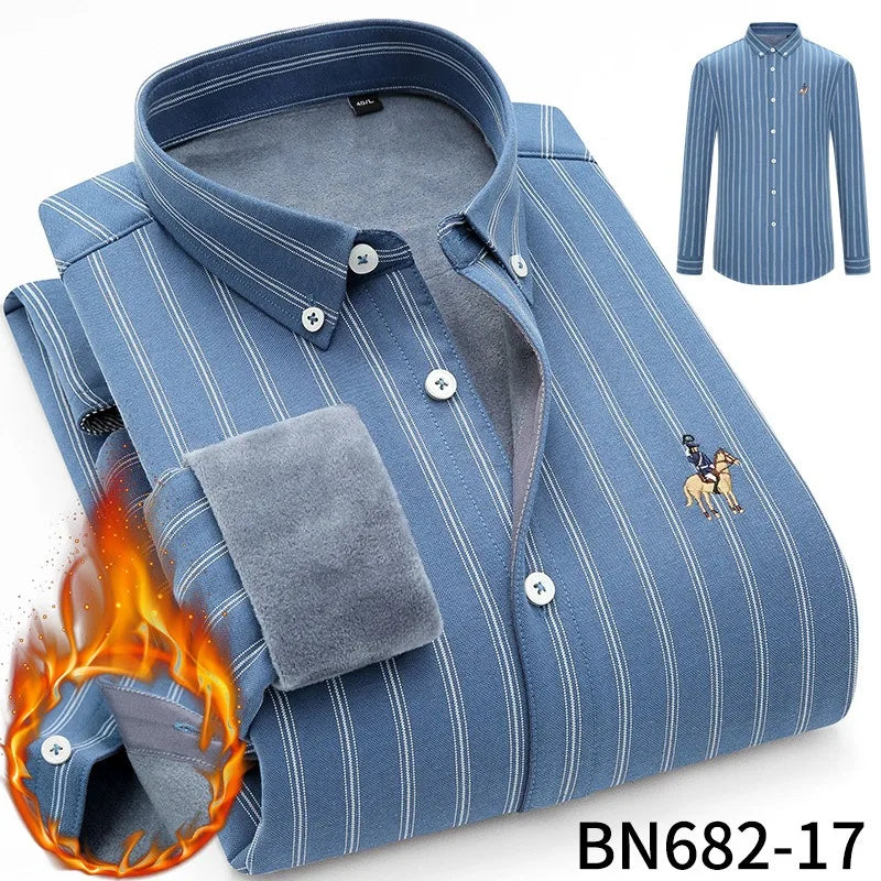 Camisa de rayas para hombre, invierno, gruesa y con forro polar