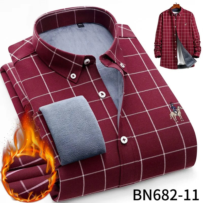 Camisa de rayas para hombre, invierno, gruesa y con forro polar