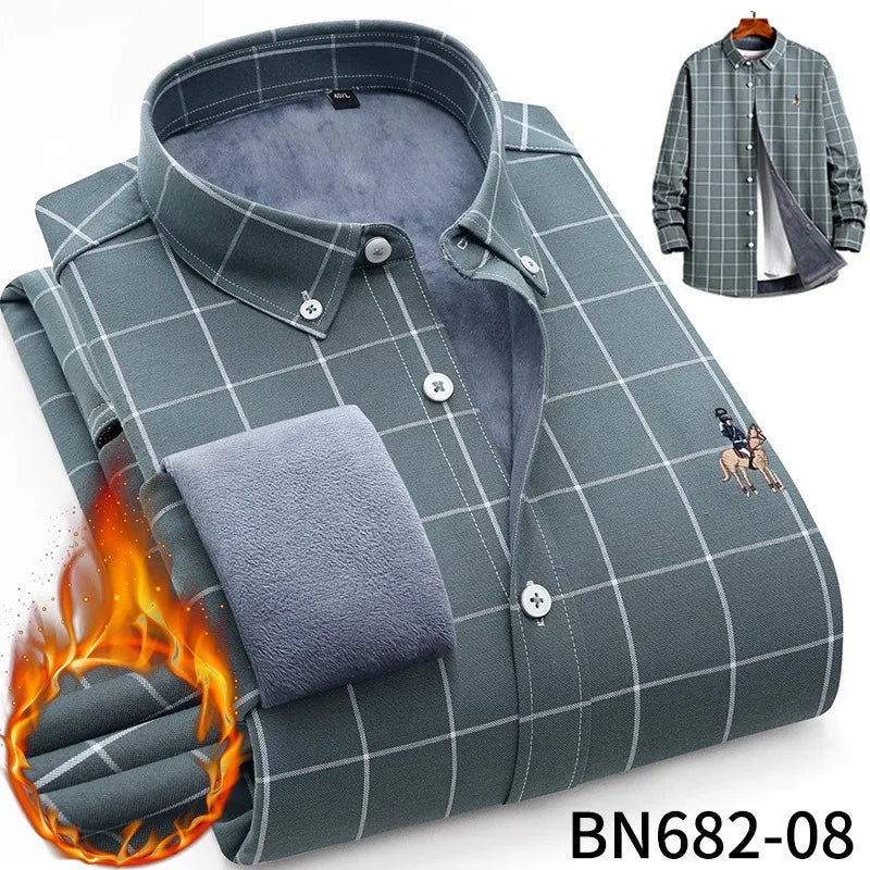 Camisa de rayas para hombre, invierno, gruesa y con forro polar