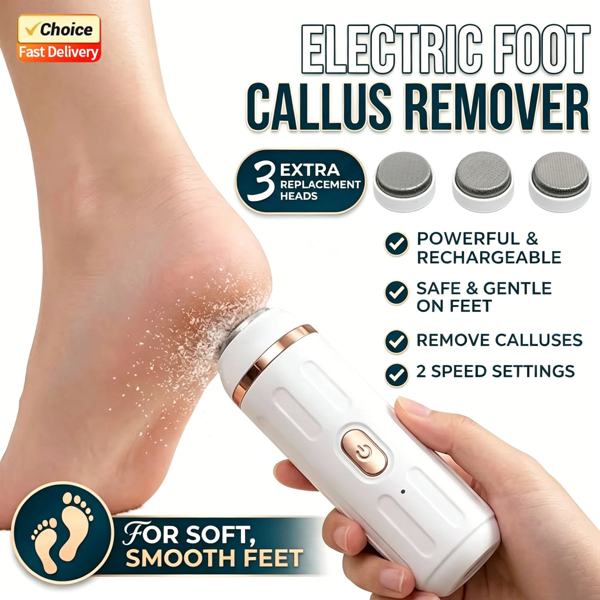 Râpe Électrique Anti-Callosités pour Pieds – Élimine Peaux Mortes et Corne - 3 Têtes Interchangeables OFFERTES