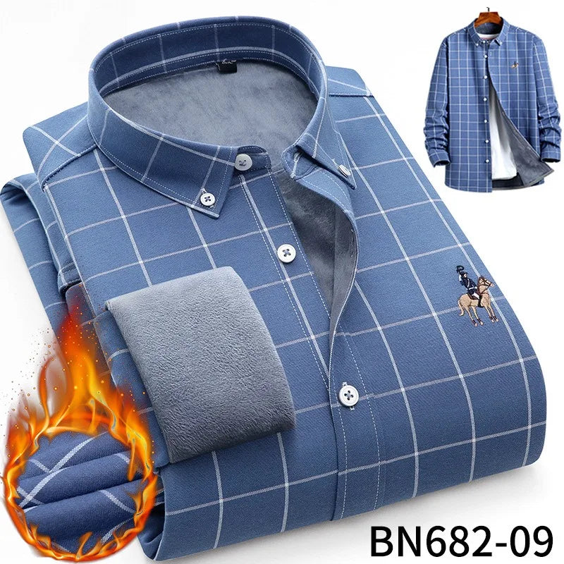 Camisa de rayas para hombre, invierno, gruesa y con forro polar