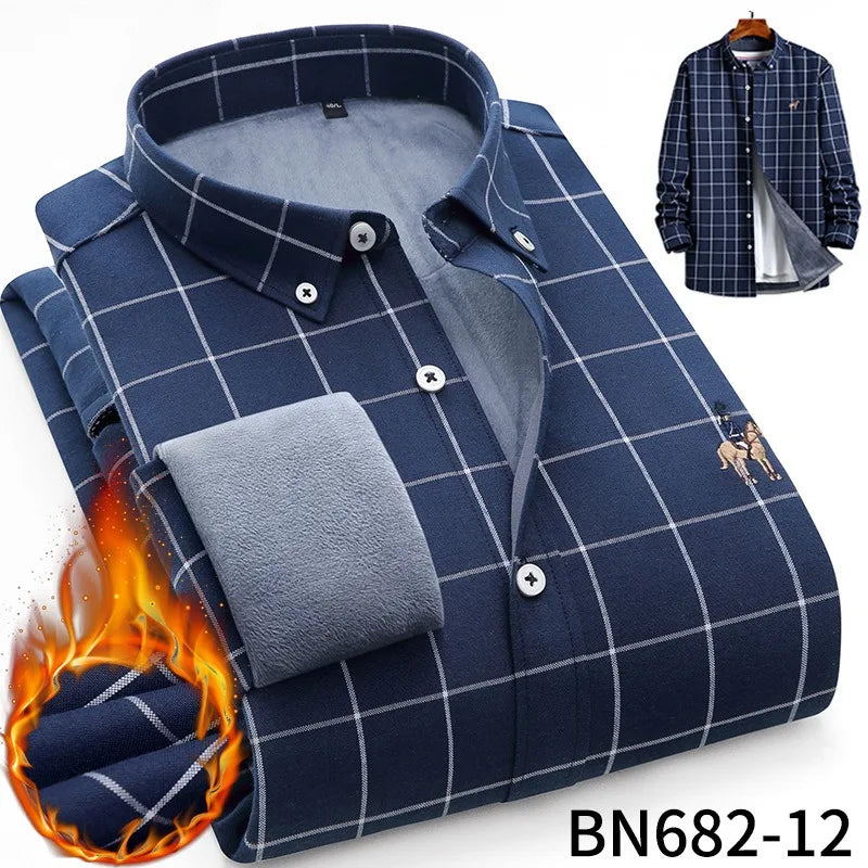 Camisa de rayas para hombre, invierno, gruesa y con forro polar