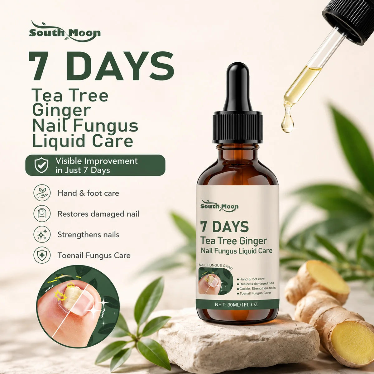 Soin des Ongles au Gingembre & Arbre à Thé Pour Ongles Jaunis, Décolorés ou Épaissis - Traitement Express 7 Jours - 1 acheté = 1 offert