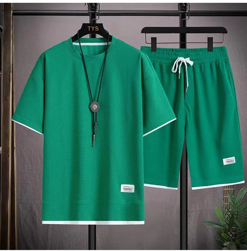 Men's Casual Waffle Knit T-Shirt and Shorts Set