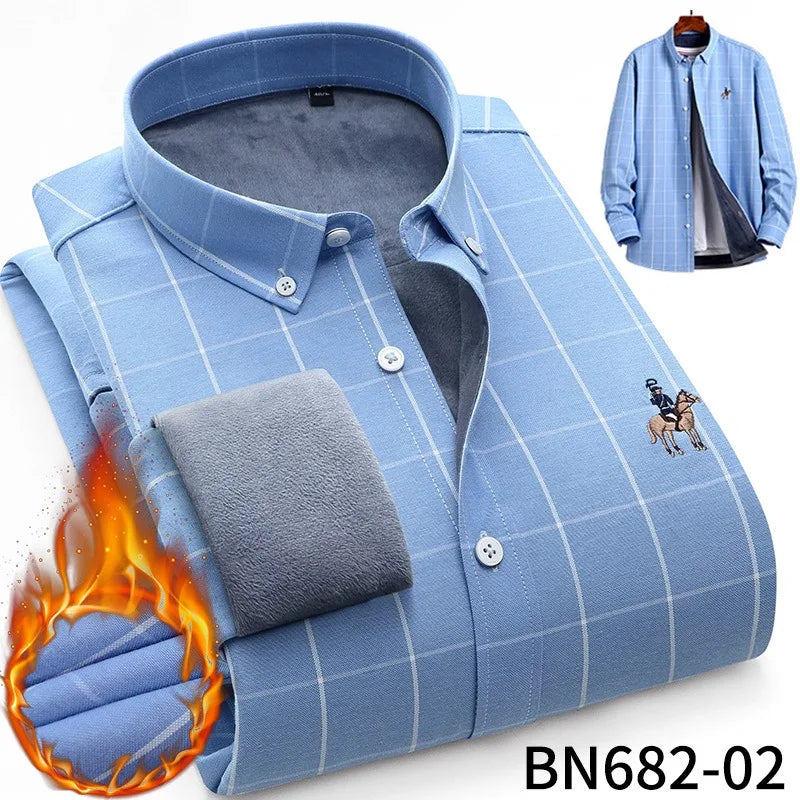 Camisa de rayas para hombre, invierno, gruesa y con forro polar