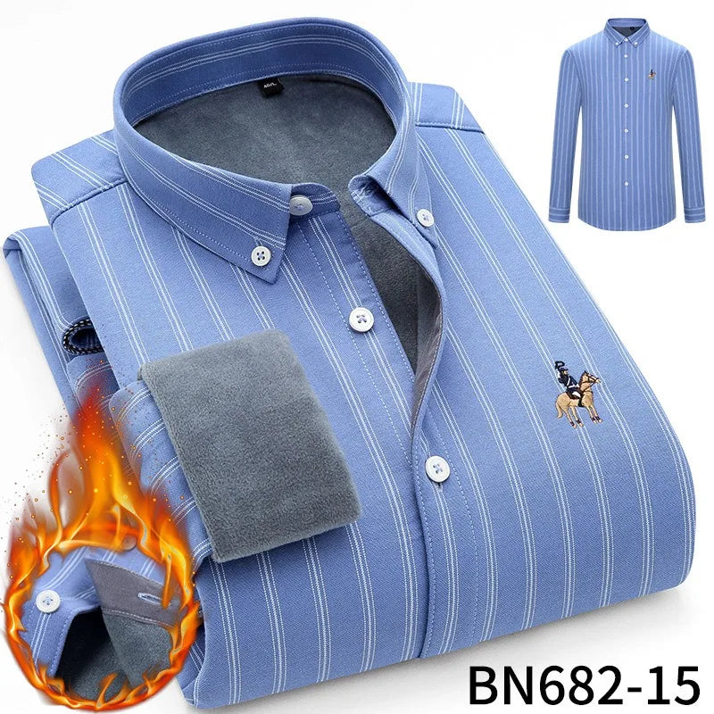 Camisa de rayas para hombre, invierno, gruesa y con forro polar