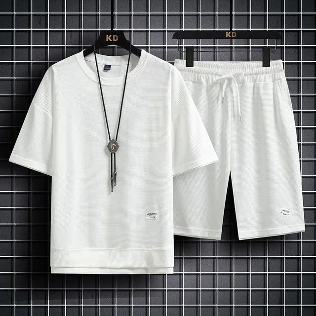 Men's Casual Waffle Knit T-Shirt and Shorts Set