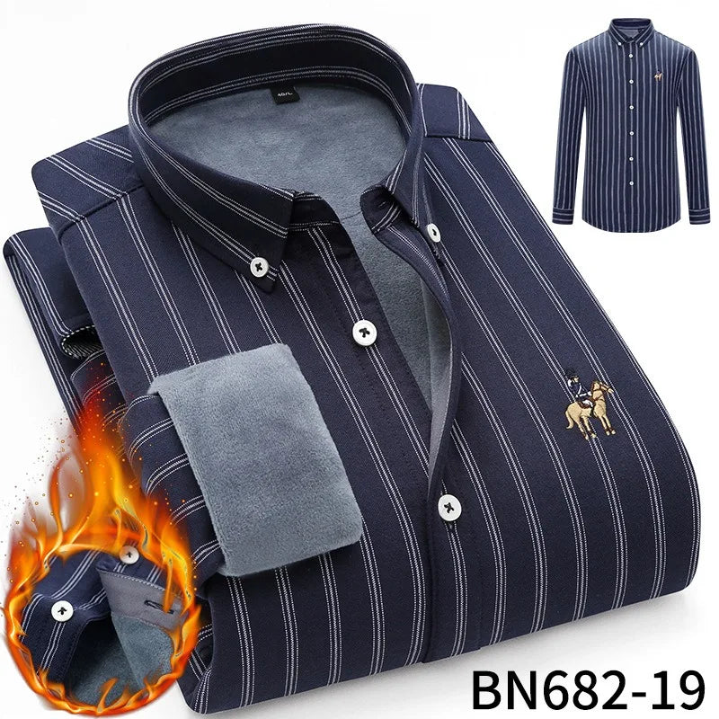 Camisa de rayas para hombre, invierno, gruesa y con forro polar