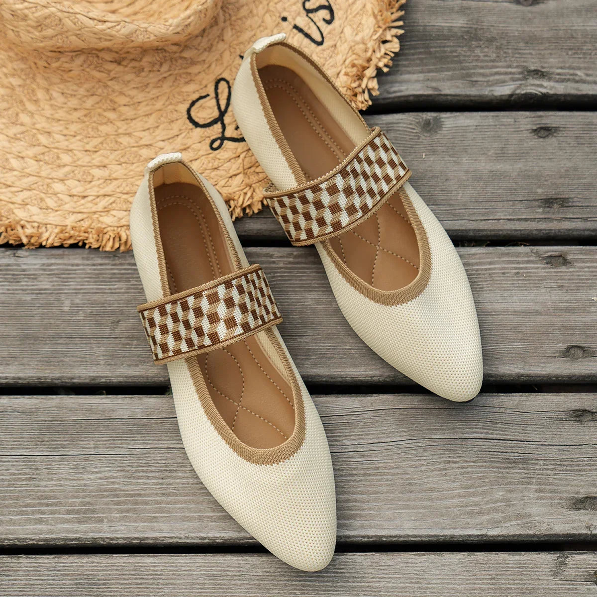 Ballerines Femme en Maille Tricotée – Bout Pointu, Bride Élastique à Motif – Chaussures Plates Élégantes & Confortables