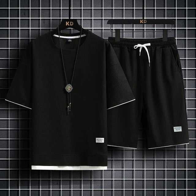Men's Casual Waffle Knit T-Shirt and Shorts Set
