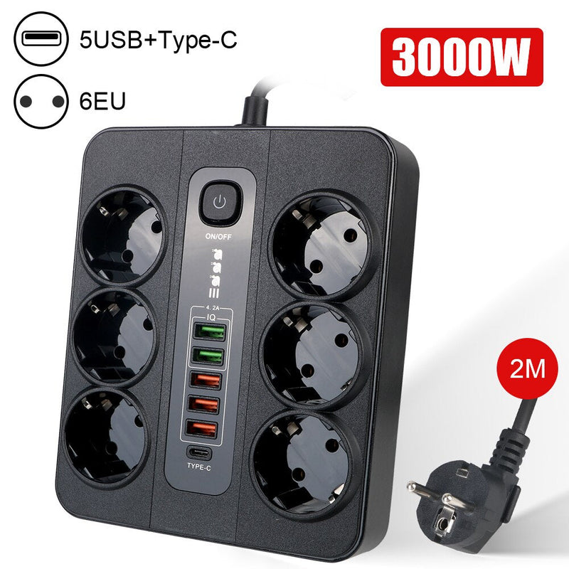 Multiprise 12 en 1 avec bouton On/Off - 6 Prises et 6 Ports USB