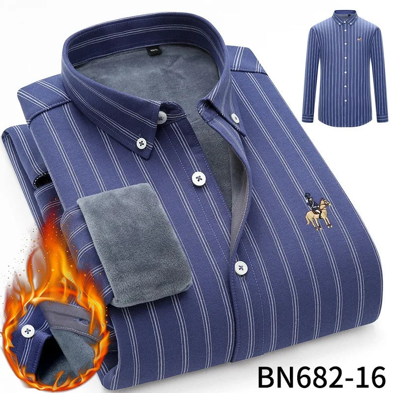 Camisa de rayas para hombre, invierno, gruesa y con forro polar
