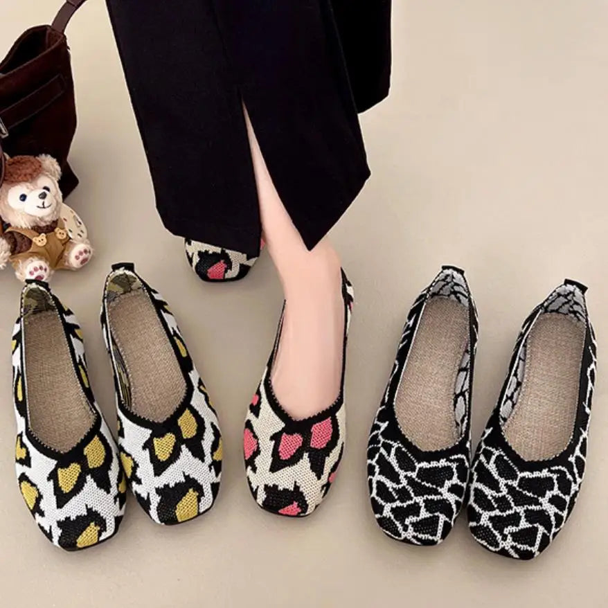Ballerines Femme en Maille Légère à Bout Carré & Motifs – Semelles Souples
