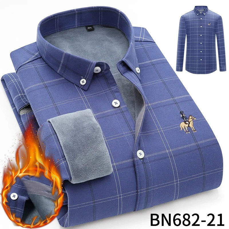 Camisa de rayas para hombre, invierno, gruesa y con forro polar