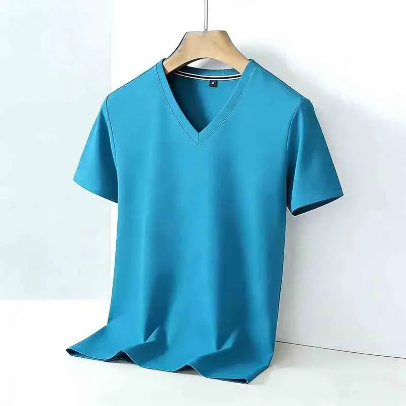 Camiseta para hombre Basic+ transpirable lisa de corte ajustado con cuello en V y manga corta