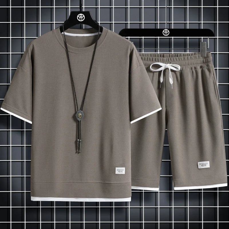 Men's Casual Waffle Knit T-Shirt and Shorts Set