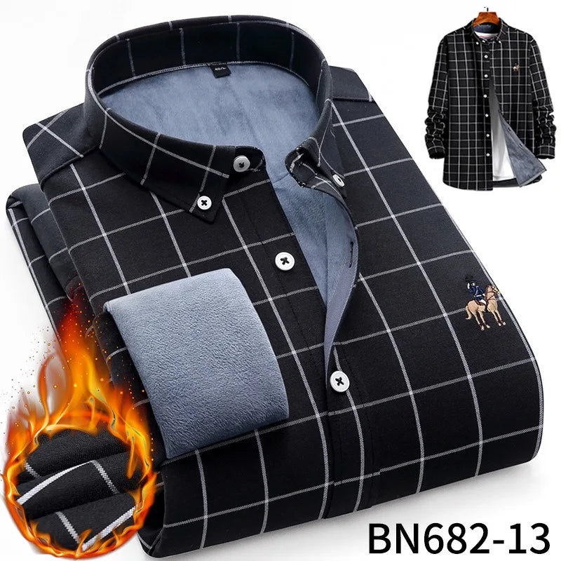 Camisa de rayas para hombre, invierno, gruesa y con forro polar