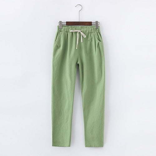 PANTALONES DE ALGODÓN Y LINO PARA MUJER - CINTURA ELÁSTICA