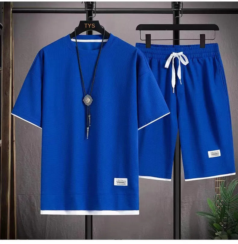 Men's Casual Waffle Knit T-Shirt and Shorts Set