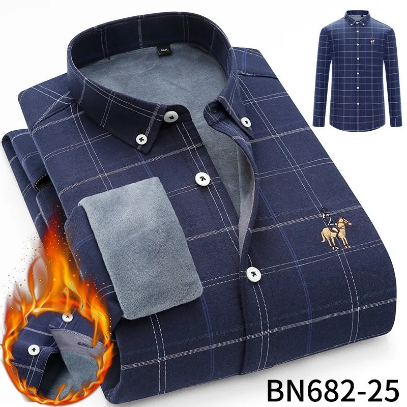 Camisa de rayas para hombre, invierno, gruesa y con forro polar