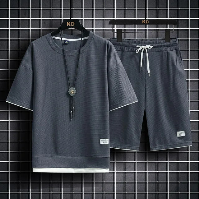 Men's Casual Waffle Knit T-Shirt and Shorts Set